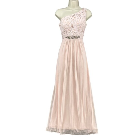 Adrianna Papell Gown Dress Pink Embellished Lace One Shoulder Pleated Size 6 - Picture 1 of 16